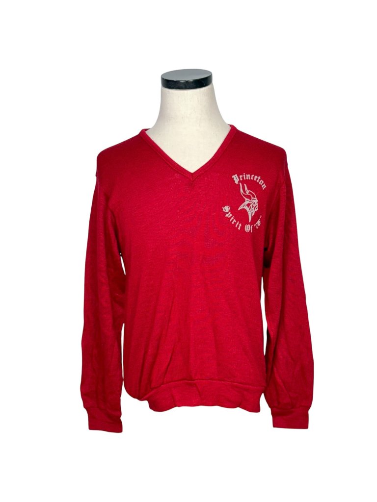 70s Princeton Spirit Of 76 Red V-Neck Sweater Acrylic Rayon Blend Medium